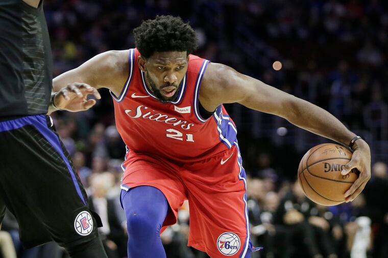 Sixers Joel Embiid goes on the attack in the 2nd quarter of the Los Angeles Clippers at Phila. 76ers NBA game at the Wells Fargo Center in Phila., Pa. on November 1, 2018.