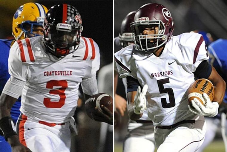 Coatesville quarterback Jordan Young (left) and West Chester Henderson running back Tre Green. (Bradley C Bower/Staff Photographer)