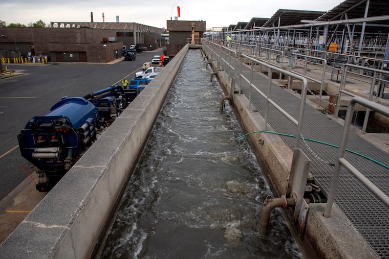 Wastewater flows through the Camden County Municipal Utilities Authority (CCMUA) sewage treatment plant on the South Camden Waterfront April 23, 2020. In a proposed Camden microgrid, CCMUA would trade treated wastewater for storm-proof energy from the Covanta incinerator.