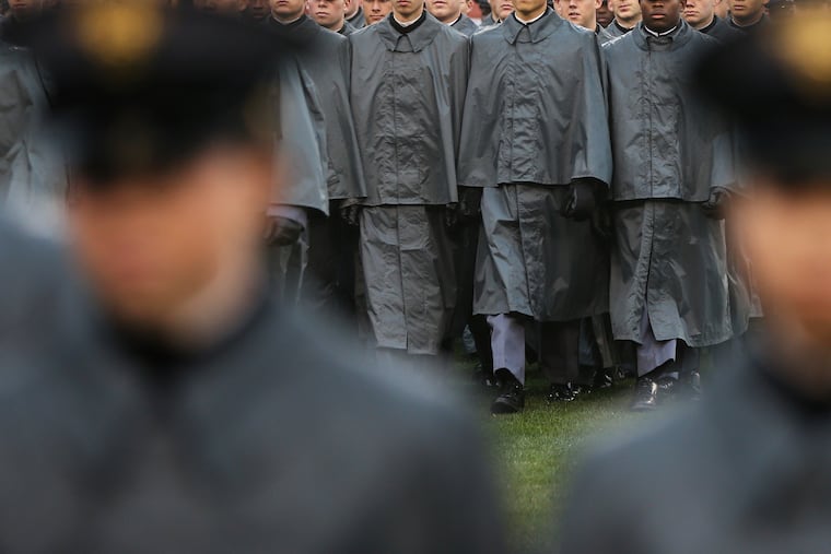 Army cadets march onto the field before the 120th annual Army-Navy game at Lincoln Financial Field in South Philadelphia on Saturday, Dec. 14, 2019.