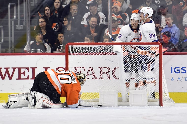Flyers goalie Michael Neuvirth was beat by Islanders' forward Brock Nelson.