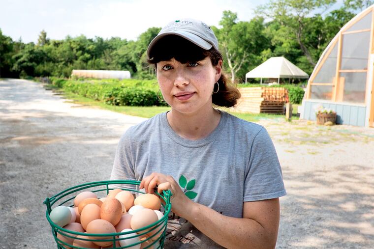 Shayla Groven, a recent graduate of Temple University, an a basket of fresh eggs at Beach Plum Farm in West Cape May.