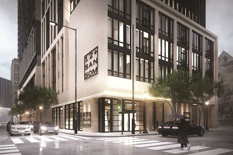 Artist's rendering of an age-restricted residential tower planned by Benchmark Wellness Management at the current site of a parking garage at 12th and Sansom Streets.