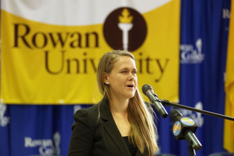 Rowan University's engineering program will be offered as a transfer program from Rowan College at Gloucester County. Chemical engineering student Emily Barnes speaks at the contract signing last week (DAVID SWANSON / Staff Photographer).