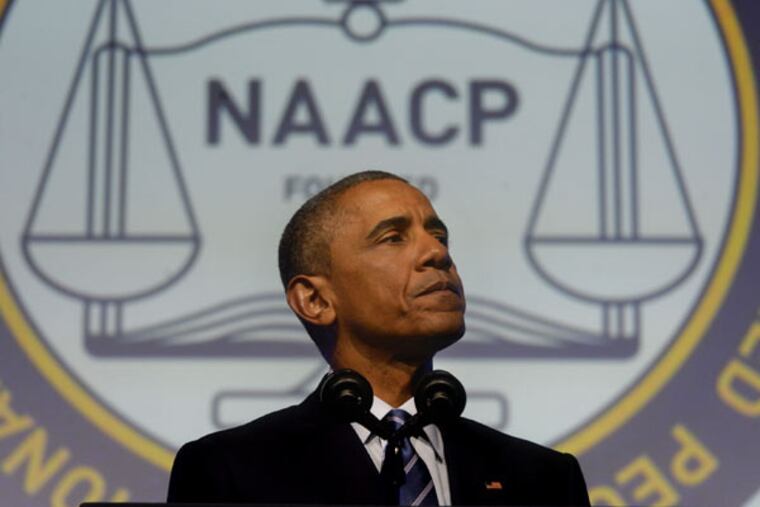 President Obama addresses the NAACP national convention at the Convention Center. He later
attended a Democratic fund-raiser at the Rittenhouse Hotel. (TOM GRALISH / Staff Photographer)