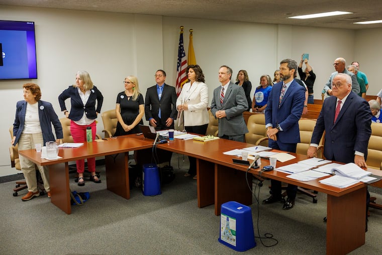 Camden County Superior Court Judge Michael J. Kassel ruled on arguments in an election case Friday. Rena Margulis (from left), Susan Druckenbrod, head of South Jersey Progressive Democrats, Kate Delany, and candidate David Stahl, attorney for Progressive party, Yael Bromberg, Joseph Bouvier,an "interested party connected to the progressives," attorney Michael Miles and lead attorney Bill Tambussi.