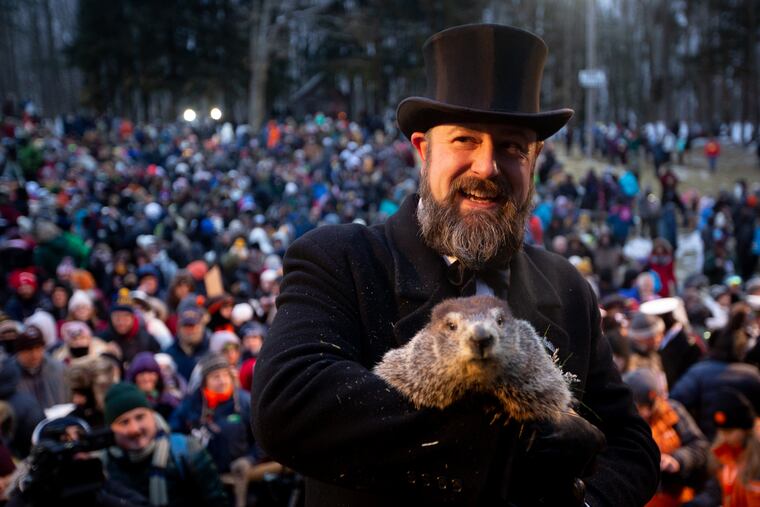 A member of the Punxsutawney Groundhog Club's inner circle holds Phil after he makes his weather prediction on Groundhog Day at Gobbler's Knob. With no shadow in sight, expect an early spring, unless you believe government experts, who say Phil's record is more wrong than right.