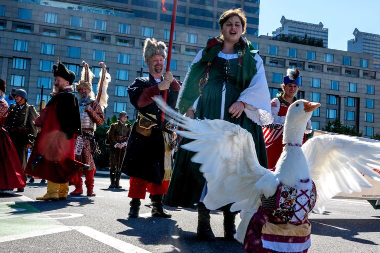Mango Diaczynshy - with Zuzu her goose leading the way - march with Polish Living History from Bucks County.