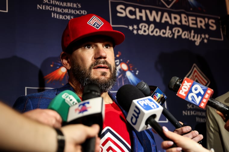 Kyle Schwarber fields questions from the media before the fourth annual Schwarber Block Party he threw at Union Transfer on Wednesday.