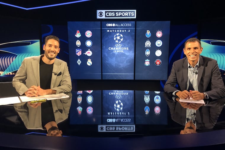 Nico Cantor (left) and Gus Poyet on the set of CBS Sports' UEFA Champions League whiparound show.