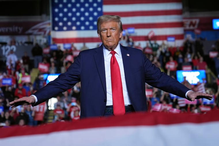 Republican presidential nominee former President Donald Trump arrives at a campaign rally at Santander Arena, Monday, Nov. 4, 2024, in Reading, Pa.