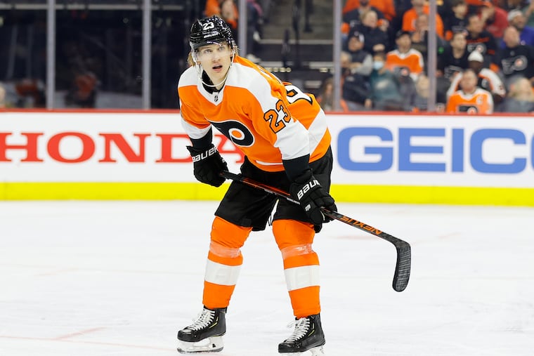 Flyers left wing Oskar Lindblom on the ice against the New York Islanders on March 20 in Philadelphia.