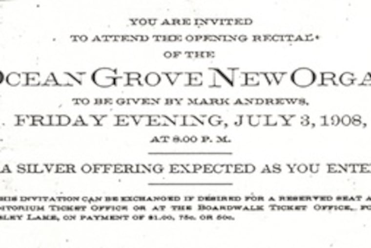 A ticket to the opening recital of the organ in Ocean Grove, N.J.