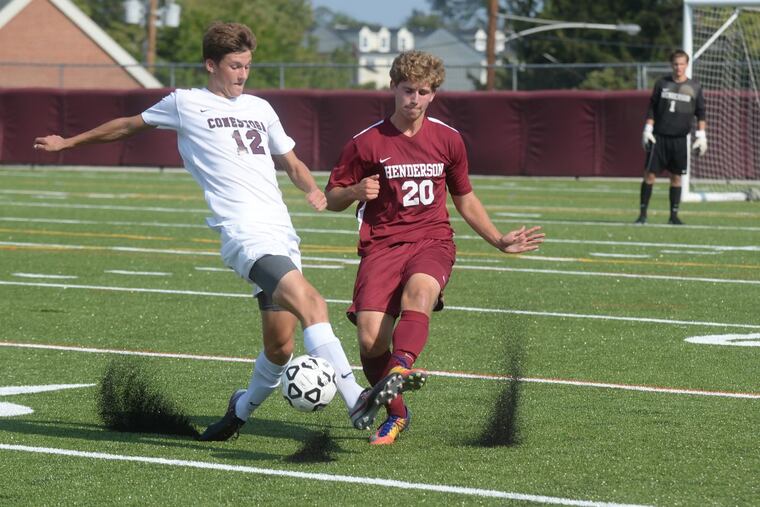 Conestoga’s Chris Donovan (left) of Conestoga makes a move past Henderson’s Chris Roberts of Henderson on September 5th. Donovan had a hat trick in Conestoga’s 3-0 win over Radnor on Thursday.