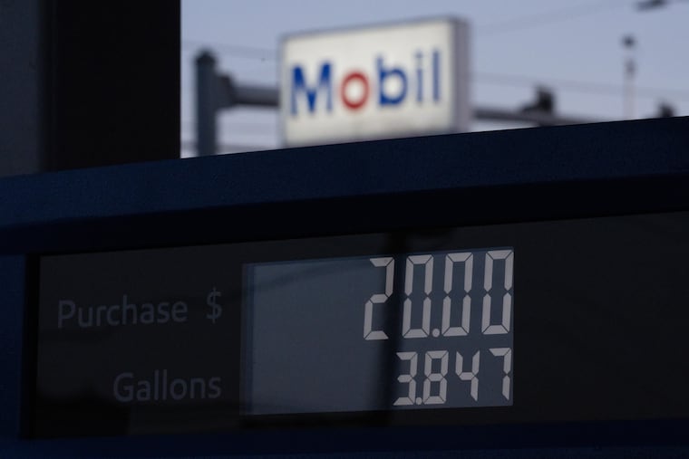 A display shows $20 for gasoline on a gas pump at a Mobil gas station on Wednesday, April 29, 2026, in Portland, Ore.