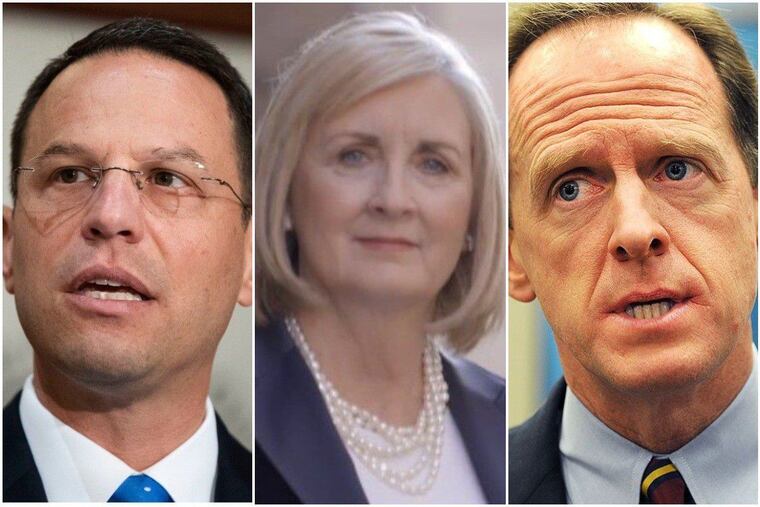 Pennsylvania Attorney General Josh Shapiro, left, is being challenged by Republican Heather Heidelbaugh, center, who is receiving help from political allies of Republican U.S. Sen. Pat Toomey, right.