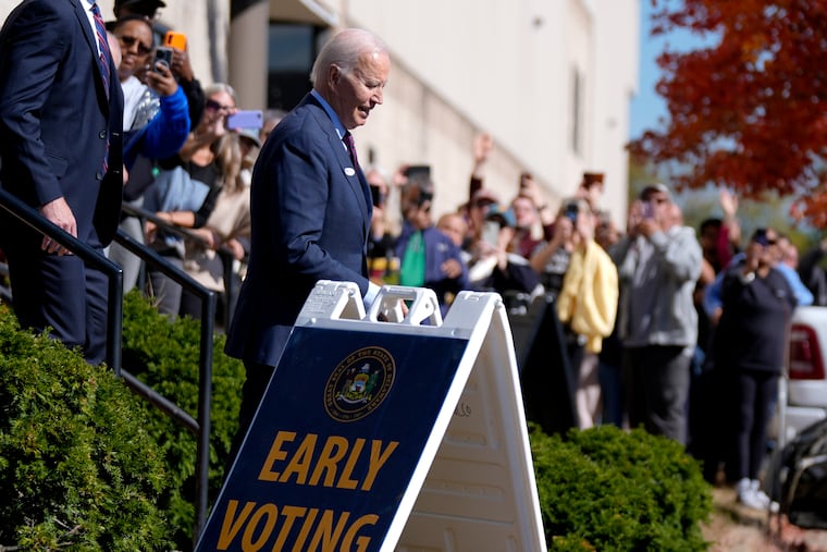 President Joe Biden departs a polling station after casting his early-voting ballot for the 2024 general elections in New Castle, Del.
