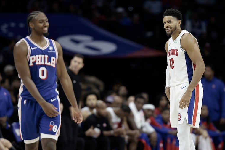 Sixers' Tyrese Maxey scored 32 points (left) and Pistons' Tobias Harris scored 18 in his return to Philly on Wednesday night.