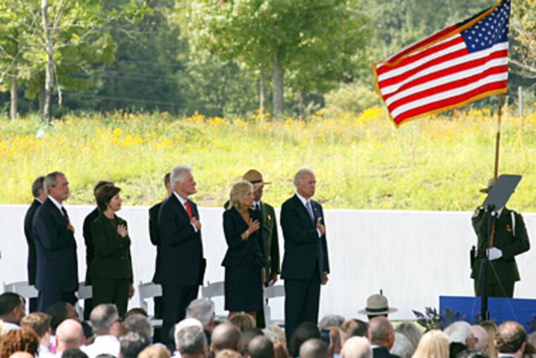 At the dedication in Shanksville, Pa., are (from left) former President George W. Bush, Laura Bush, former President Bill Clinton, Jill Biden and Vice President Biden. (Laurence Kesterson / Staff Photographer)