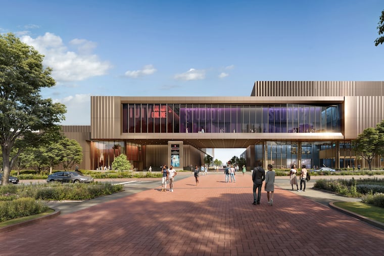 A rendering of the Caroline Kimmel Pavilion for Arts and Communication that shows green space envisioned for Broad Street.