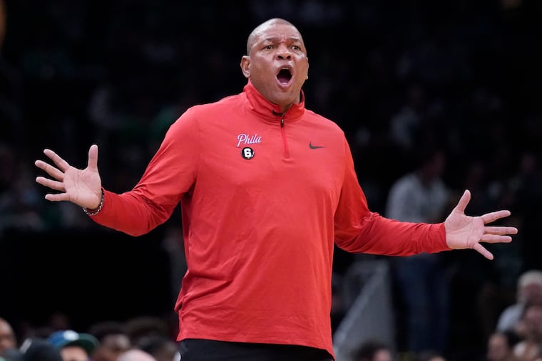 Philadelphia 76ers head coach Doc Rivers reacts to a call during the first half of the team's NBA basketball game against the Boston Celtics, Tuesday, Oct. 18, 2022, in Boston.