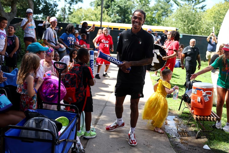 Sixers rookie Lebaron Philon Jr. greets campers at Sunrise Day Camp at the Kaiserman JCC on Monday.
