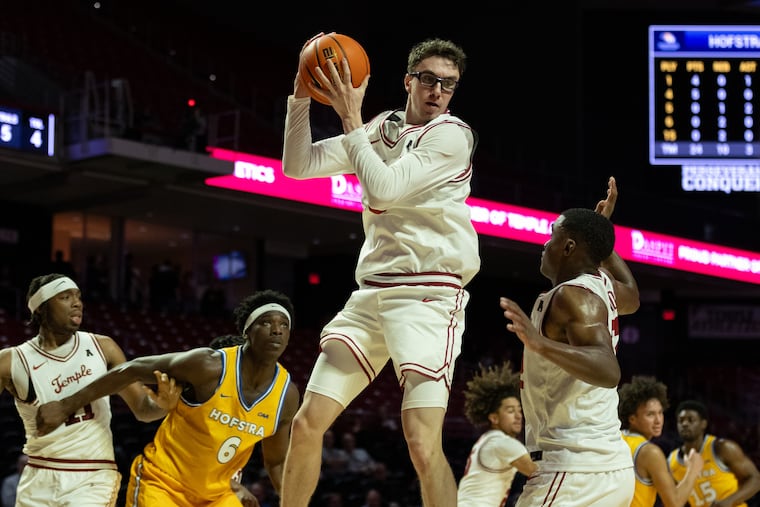 Owls guard Gavin Griffiths gets the rebound against Hofstra on Wednesday.