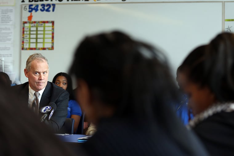 Pa. House Speaker Mike Turzai, left, holds a roundtable discussion with charter school parents and calls on the SRC to approve some of the applications for 40 new charter schools in Philadelphia on January 22, 2015. ( DAVID MAIALETTI / Staff Photographer )