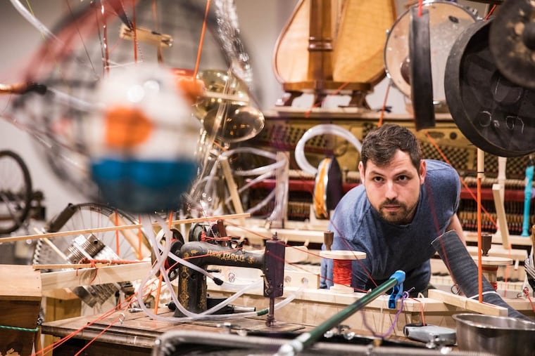 Andy Thierauf, one of the two musicians and a co-creator of “Two Man Orchestra,” in rehearsal for the rarely performed piece.