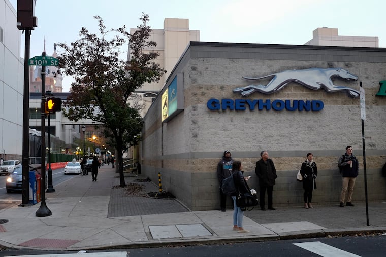 The former Greyhound station at North 10th and Filbert Streets last month. It has been vacant since June 2023, when the company ended its longtime lease and intercity buses began operating curbside with no shelter for passengers.