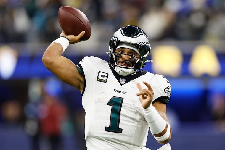 Eagles quarterback Jalen Hurts throws the football against the Los Angeles Rams Nov. 24.