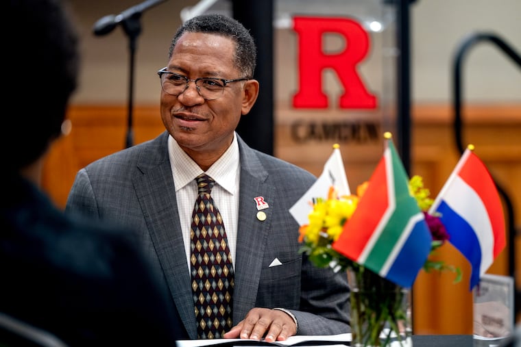 Rutgers-Camden Chancellor Antonio D. Tillis hosts a luncheon for international students on campus.