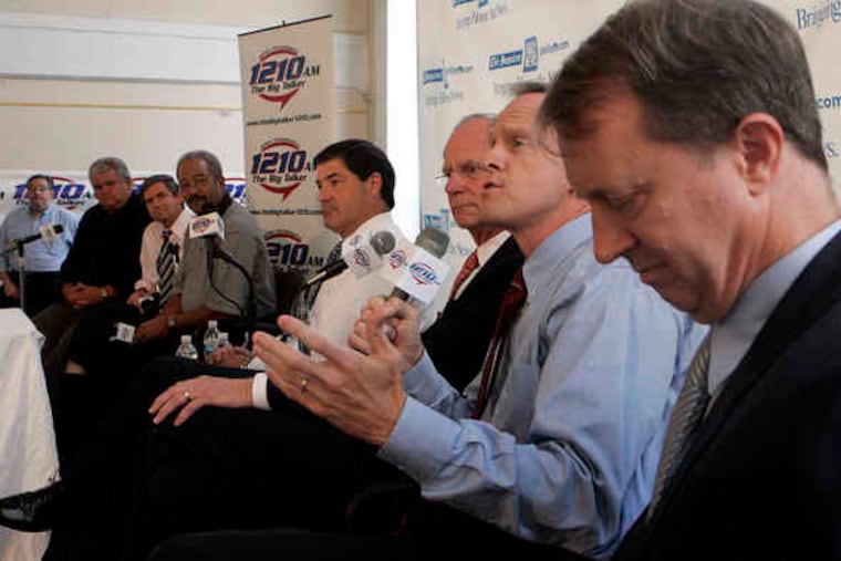 Rep. John Adler (right) during a health-care discussion at The Inquirer in October. From left are Reps. Bob Brady (D., Pa.), Joe Sestak (D., Pa.), Chaka Fattah (D., Pa.), Jim Gerlach (R., Pa.), Mike Castle (R., Del.), and former Rep. Pat Toomey.