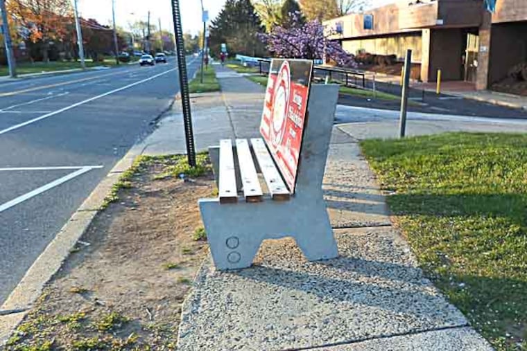 Bench at Rhawn and Meadowbrook for PBENCHES10 story about illegal benches in the city. This photo from the Philadelphia Streets Department shows illegal benche which the city says it will begin confiscating on Saturday. Photo from city offices.