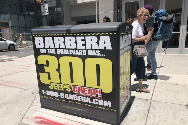 One of the many ads placed on the Bigbelly trash cans along Market Street this week.