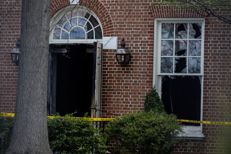 Police investigate Gov. Josh Shapiro's residence after an arson fire on Sunday, April 13, 2025 in Harrisburg.