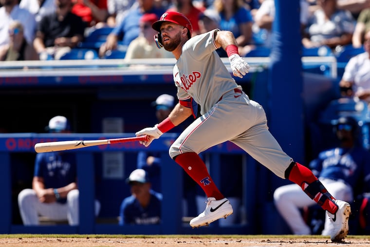 Phillies first baseman Kody Clemens hits a home run during the second inning against the Toronto Blue Jays.