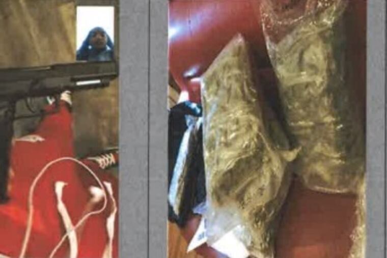 From left to right: One of the defendants holding a handgun, bags of marijuana, and a stuffed rabbit filled with Oxycodone pills.