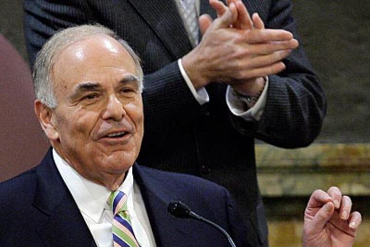 Pennsylvania Gov. Ed Rendell delivers his executive budget address for the fiscal year 2010-2011 to a joint session of the Pennsylvania House and Senate in Harrisburg, Pa., Tuesday, Feb. 9, 2010. (AP Photo/Carolyn Kaster)
