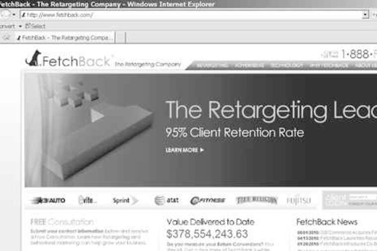 The website of FetchBack Inc., the ad "retargeting" firm purchased by GSI Commerce Inc. of King of Prussia.