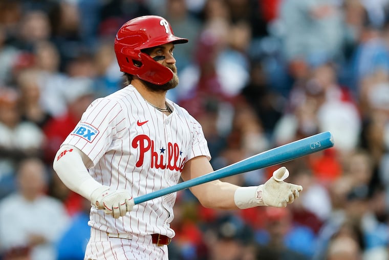 The Phillies' Bryce Harper used a blue bat as a gender reveal for the fourth child for him and his wife, Kayla.