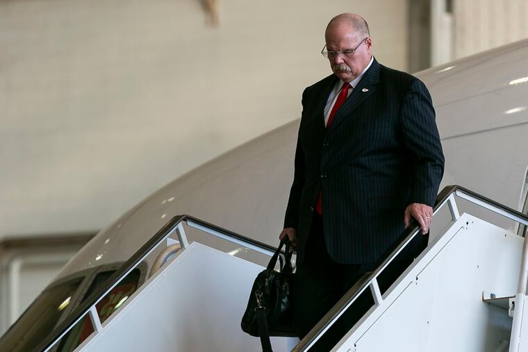 Chiefs coach Andy Reid arrived at Miami International Airport on Sunday with his team for Super Bowl LIV. Reid is the seventh-winningest coach in NFL history, but still is looking for his first Super Bowl title.