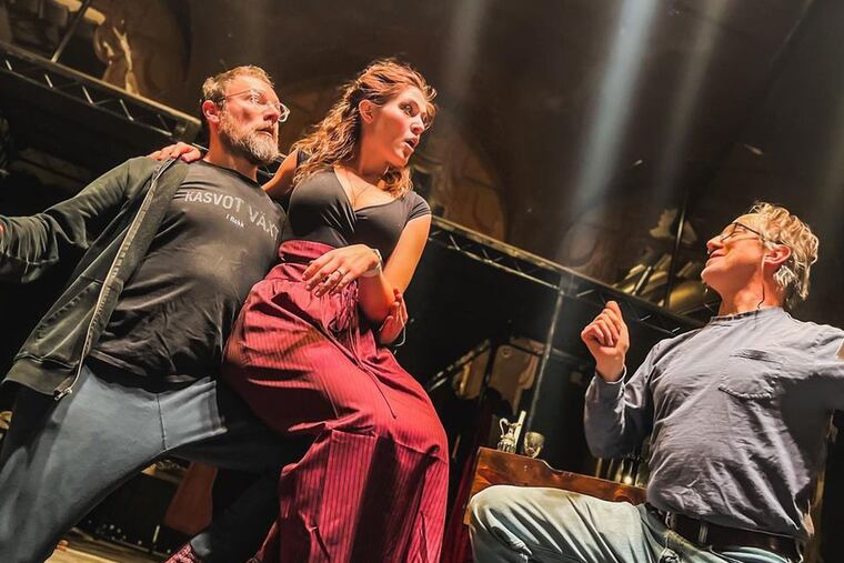 Jered McLenigan as Subtle, Hanna Gaffney as Dol, and John Zak as Face rehearse "The Alchemist" at Quintessence Theatre Group.