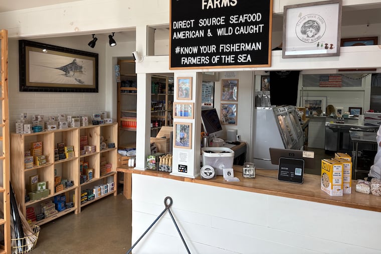 The interior of Scallop Shack Farms, a direct seafood-to-consumer market at the Cape May airport complex owned by a scallop fisherman and his wife. The market sells fresh-caught seafood and an excellent selection of specialty products.