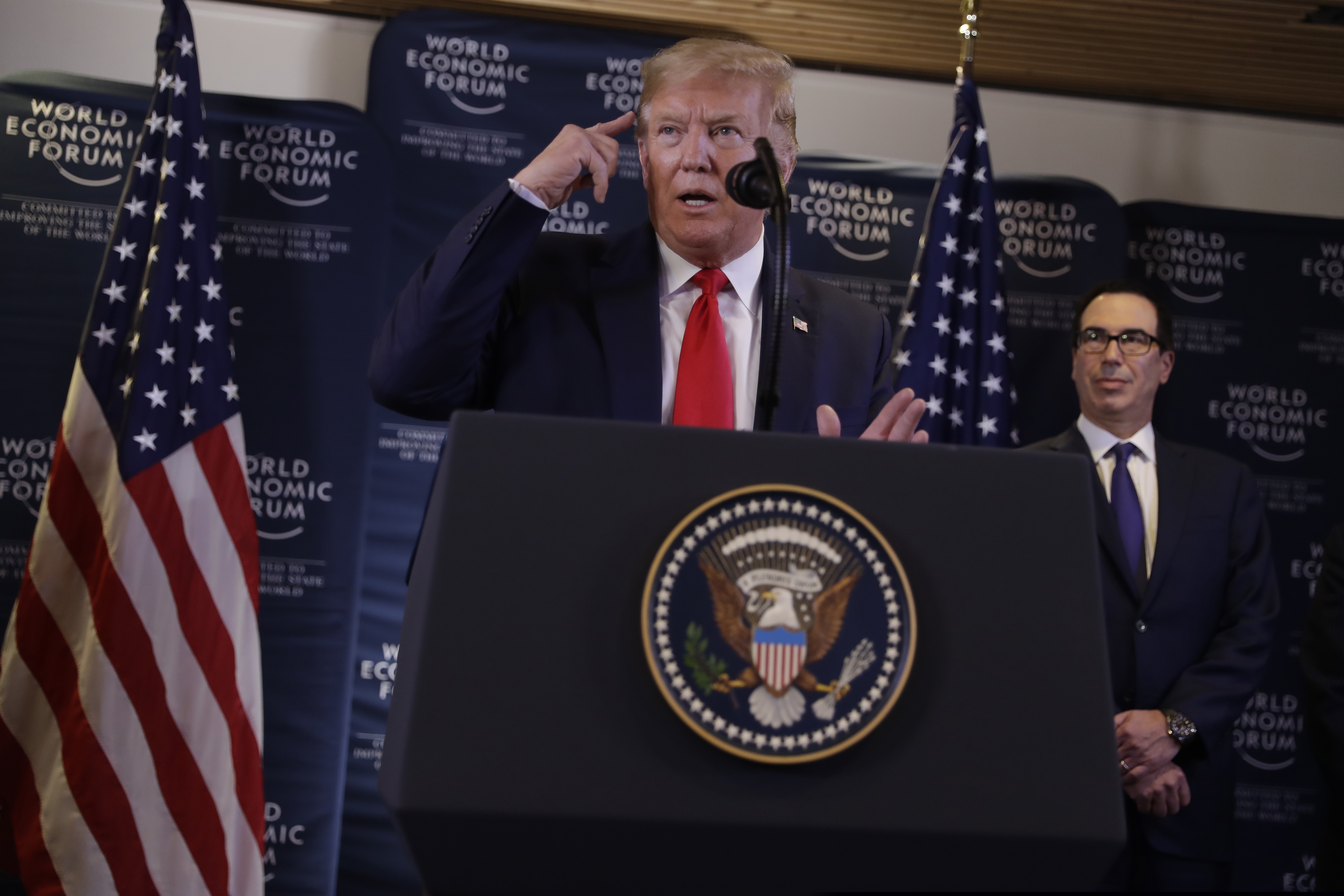 U.S. President Donald Trump speaks during a news conference at the World Economic Forum in Davos, Switzerland,