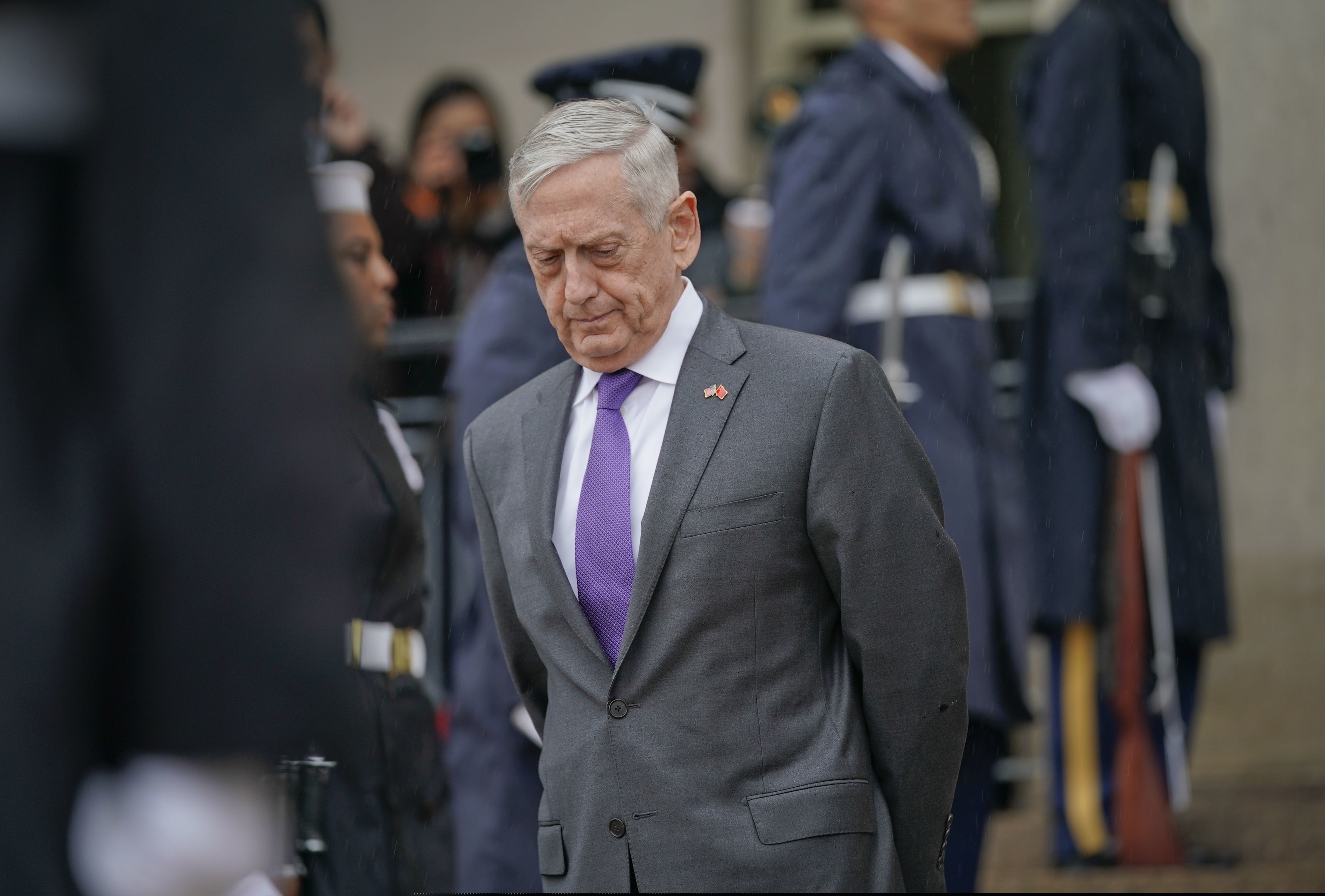 Defense Secretary Jim Mattis waits outside the Pentagon. Mattis issued a statement Wednesday, June 3, 2020, on the recent protests around the United States.