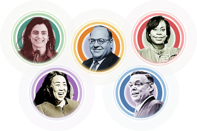 Candidates in the Democratic primary for mayor of Philadelphia. From left: Rebecca Rhynhart, Helen Gym, Allan Domb, Jeff Brown, and Cherelle Parker.