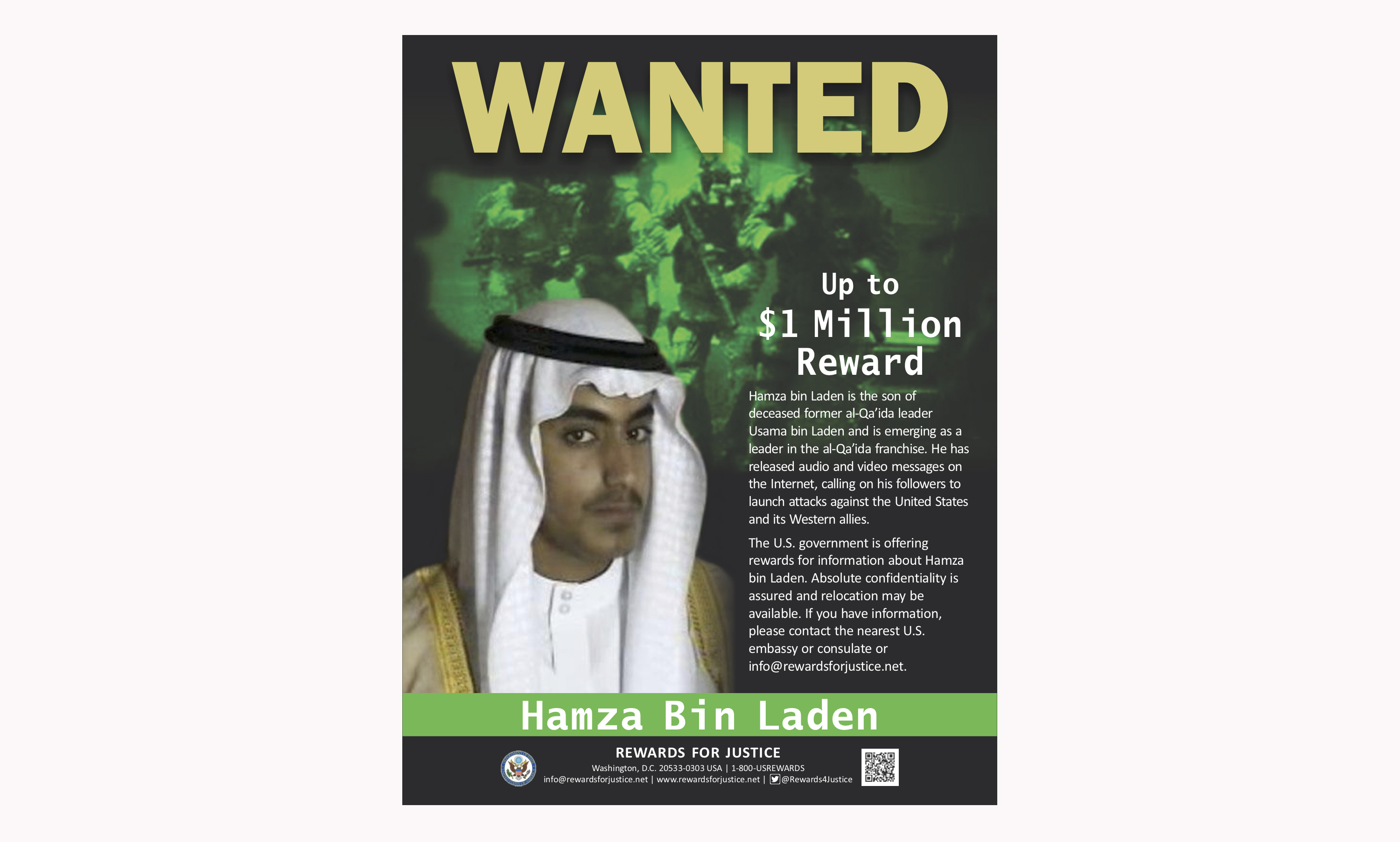 This wanted poster released by the U.S. Department of State Rewards for Justice program shows Hamza bin Laden. Saudi Arabia announced Friday, March 1, 2019, it had revoked the citizenship of bin Laden, the son of the late al-Qaeda leader who has become an increasingly prominent figure in the terror network. (Rewards for Justice via AP)