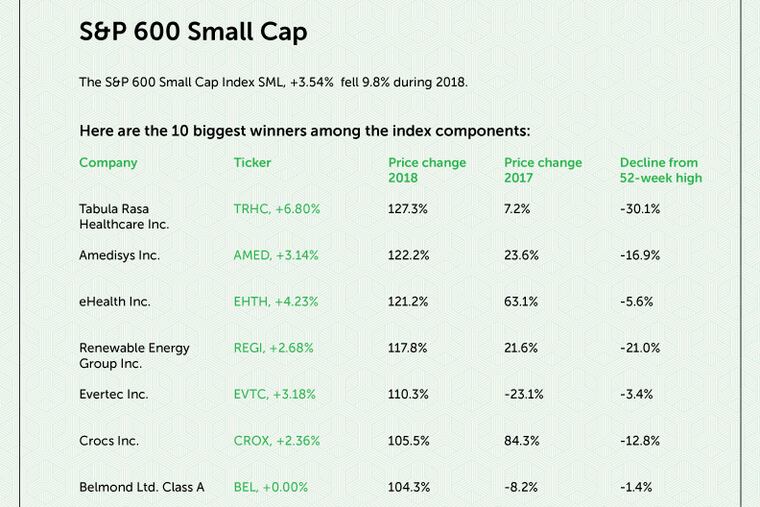 Tabula Rasa Healthcare, the South Jersey drug-delivery software company, was #1, and BioTelemetry, the Chester County heart monitor systems maker, was #9, for share price gains among the S&P 600 U.S. small-cap publicly-traded stocks in 2018. Chart source: MarketWatch
