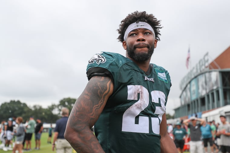 Eagles running back Rashaad Penny after training camp practice at the NovaCare Complex on Aug. 4.